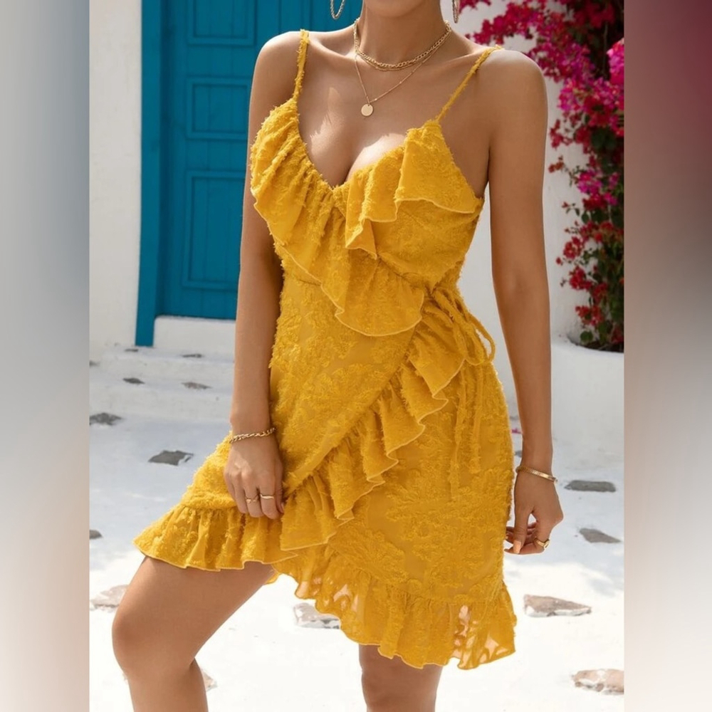 Excellent Condition Ruffle Trim Yellow Mustard Dress | Adjustable Strap | Angel - Picture 6 of 7